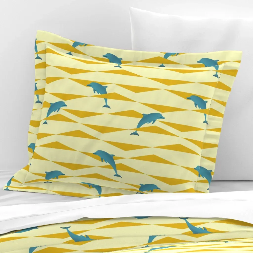 Art Deco Dolphins Geometric Waves Standard Flanged Cushion - Blue, Cotton Sateen product