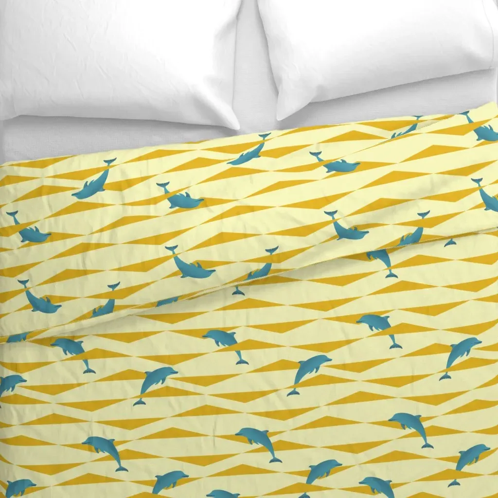 Art Deco Dolphins On Geometric Duvet Cover - Blue alternate view