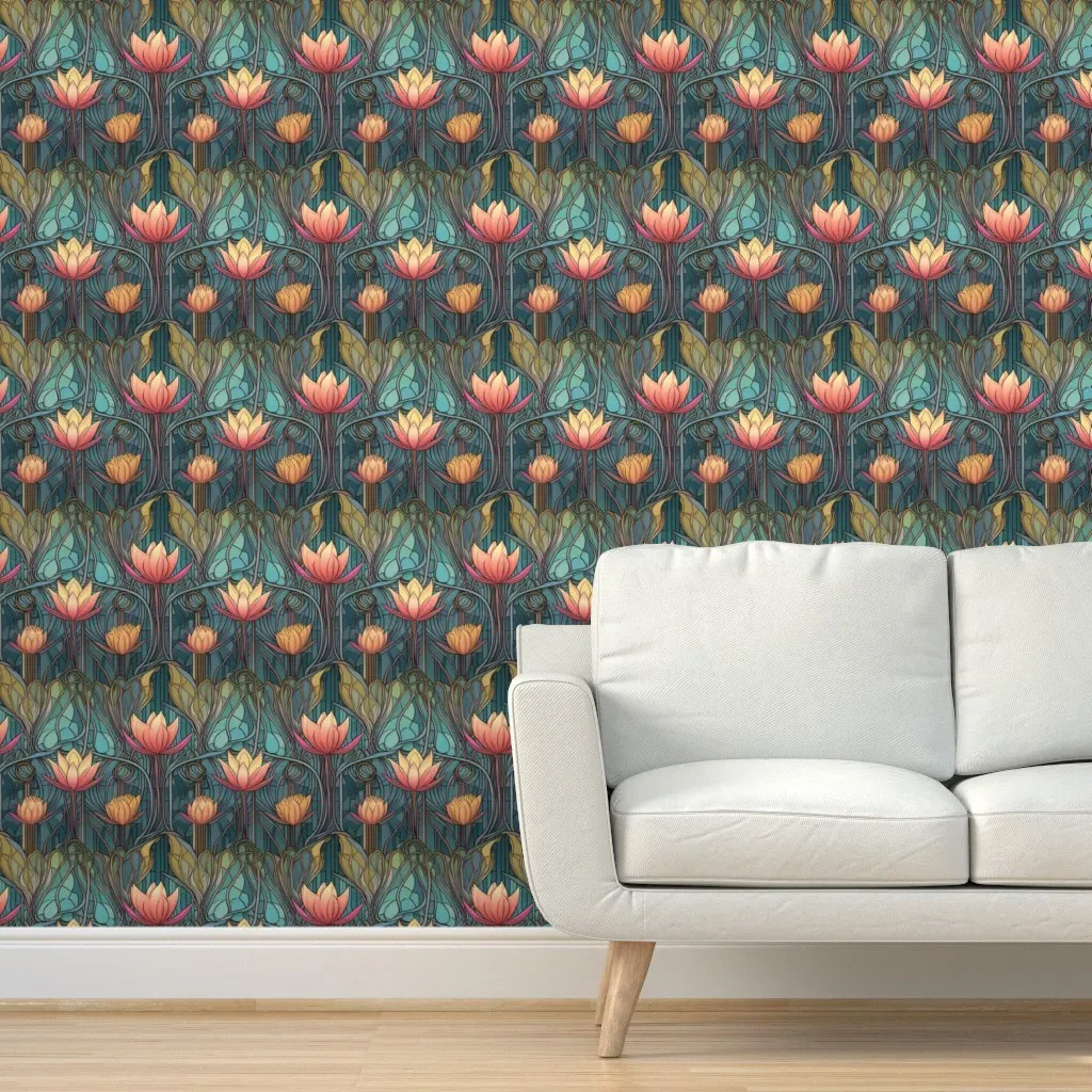 Art Deco Egyptian Lotus Peel and Stick Wallpaper - Peach product