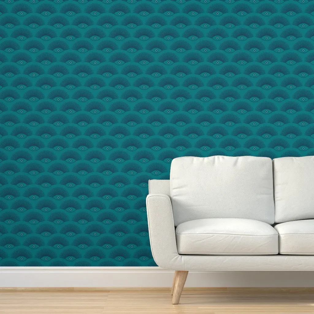 Art Deco Evil Eye Peel and Stick Wallpaper - Teal Blue product