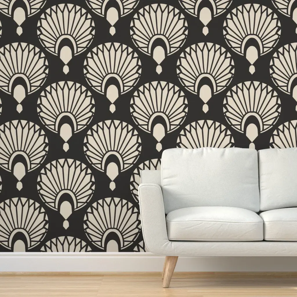 Art Deco Fan Crane In Flight Peel and Stick Wallpaper - Charcoal Warm Beige product