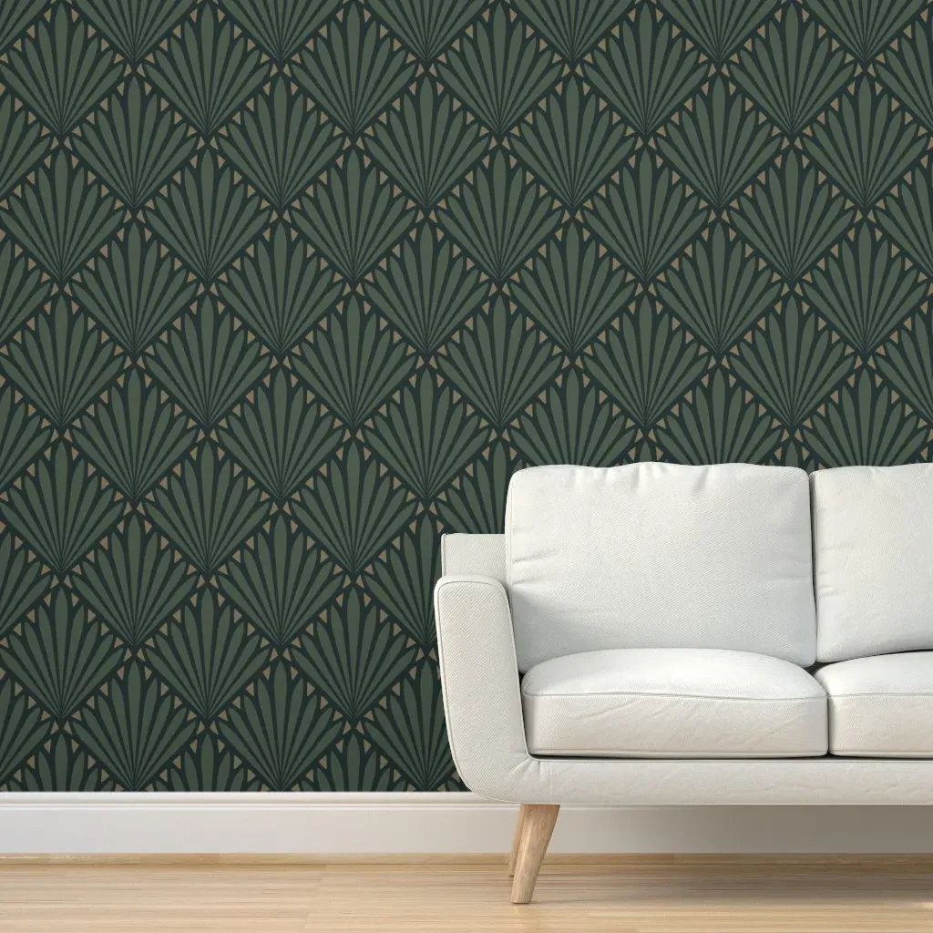 Art Deco Fan Geometric Leaf Palm Peel and Stick Wallpaper - Green product