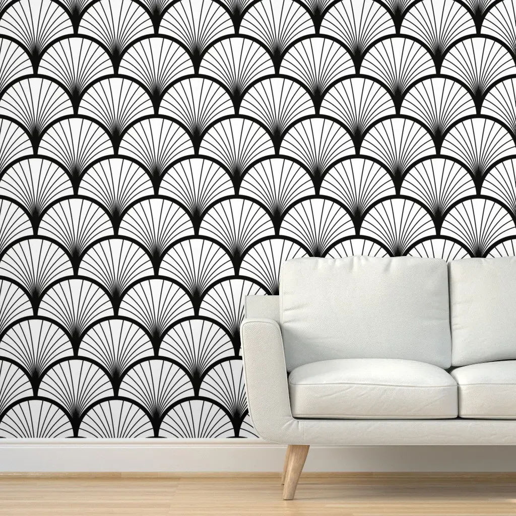 Art Deco Fan Pattern Peel and Stick Wallpaper - Black and White product