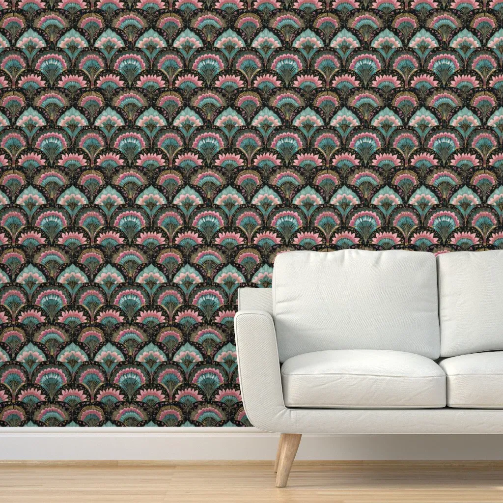 Art Deco Fan Pattern Peel and Stick Wallpaper - Blush Pink, Teal product