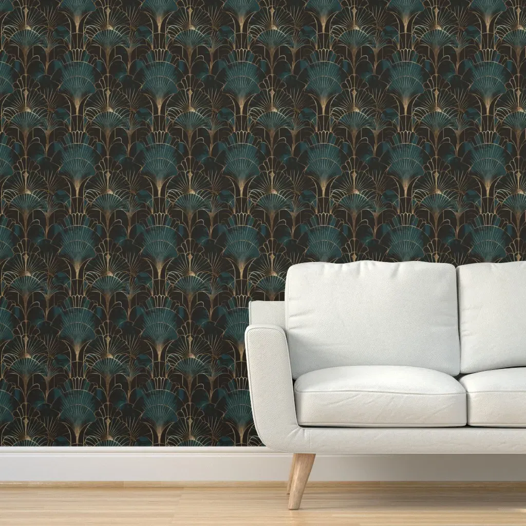 Art Deco Fan Pattern Peel and Stick Wallpaper - Teal, Gold product
