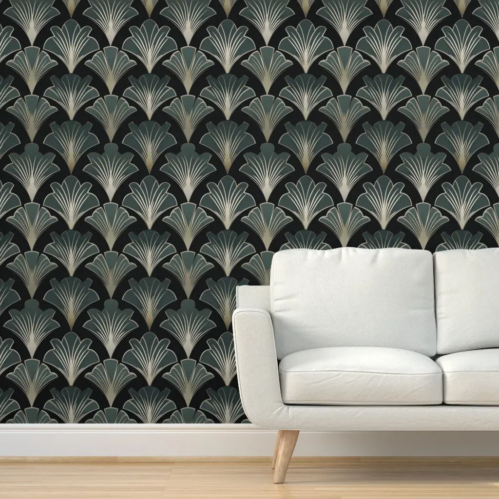 Art Deco Fan Peel and Stick Wallpaper - Dark Silver, Teal product