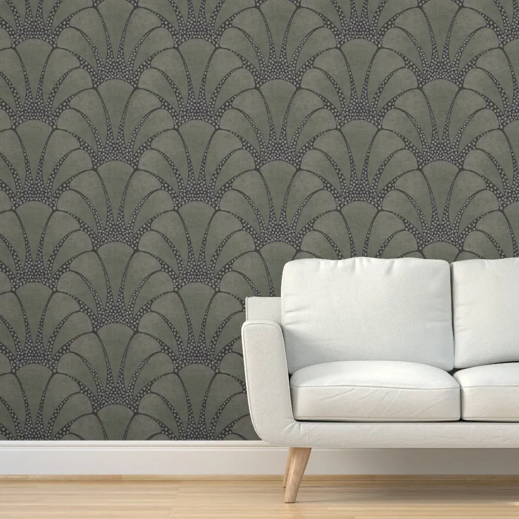 Art Deco Feather Fan Scallop Peel and Stick Wallpaper - Sage Green, Black & White product