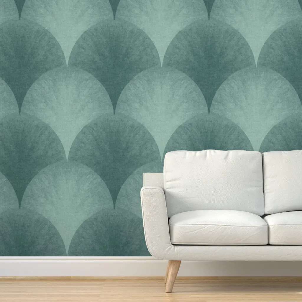 Art Deco Feathered Shell Fan Scallop Peel and Stick Wallpaper - Teal product