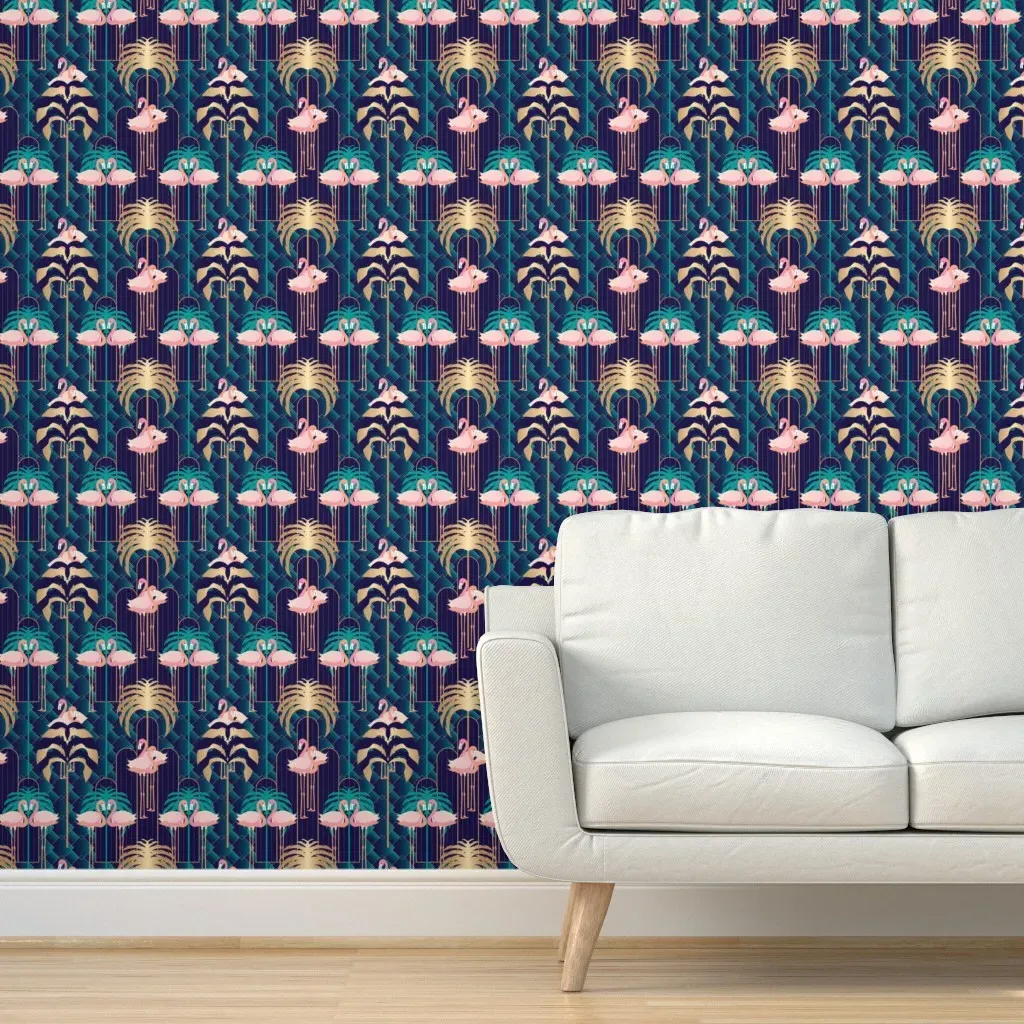 Art Deco Flamingo Palm Trees Diamond Arches Peel and Stick Wallpaper - Navy Pink Gold product