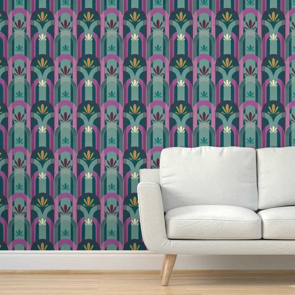 Art Deco Floral Arches Peel and Stick Wallpaper - Teal product
