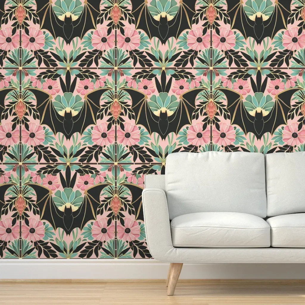 Art Deco Floral Bats Peel and Stick Wallpaper - Black product