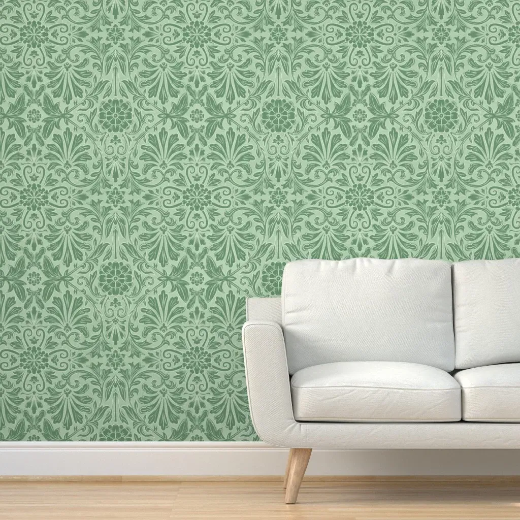 Art Deco Floral Damask Peel and Stick Wallpaper - Sage Green product