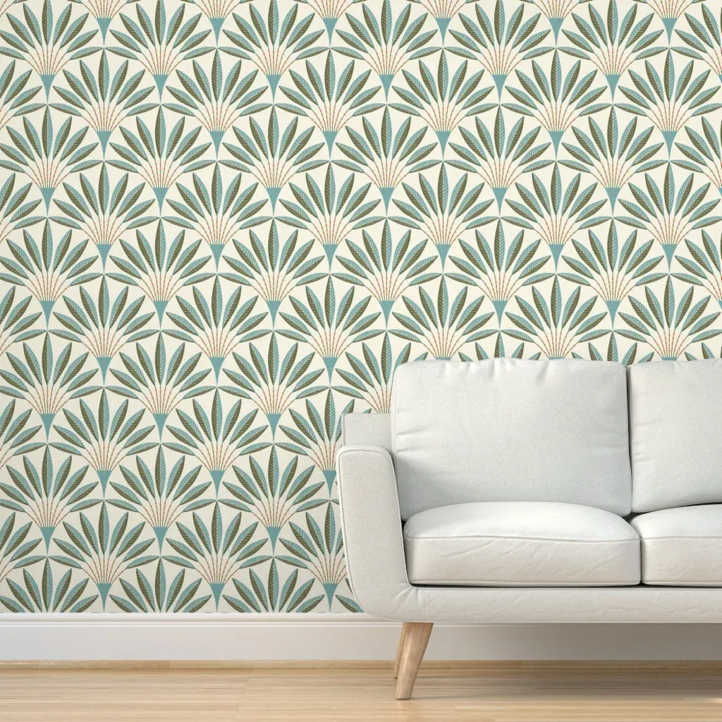 Art Deco Florals Peel and Stick Wallpaper - Teal Green, Linen Texture product