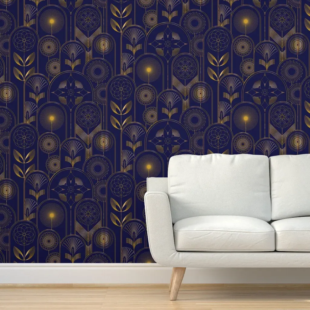 Art Deco Flower Cloches Half-Drop Wallpaper - Metallic Gold, Navy product