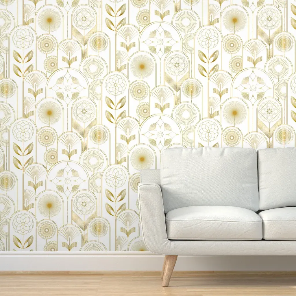 Art Deco Flower Cloches Peel and Stick Wallpaper - Gold, White product