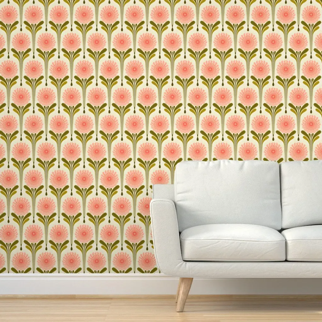 Art Deco Flowers Peel and Stick Wallpaper - Green & Pink product