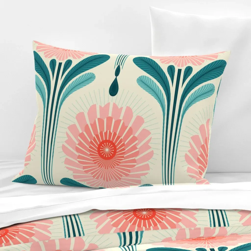 Art Deco Flowers Standard Knife Edge Pillow - Blue & Pink, Cotton Sateen product