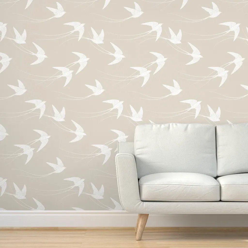 Art Deco Flying Birds Peel and Stick Wallpaper - Taupe, White product