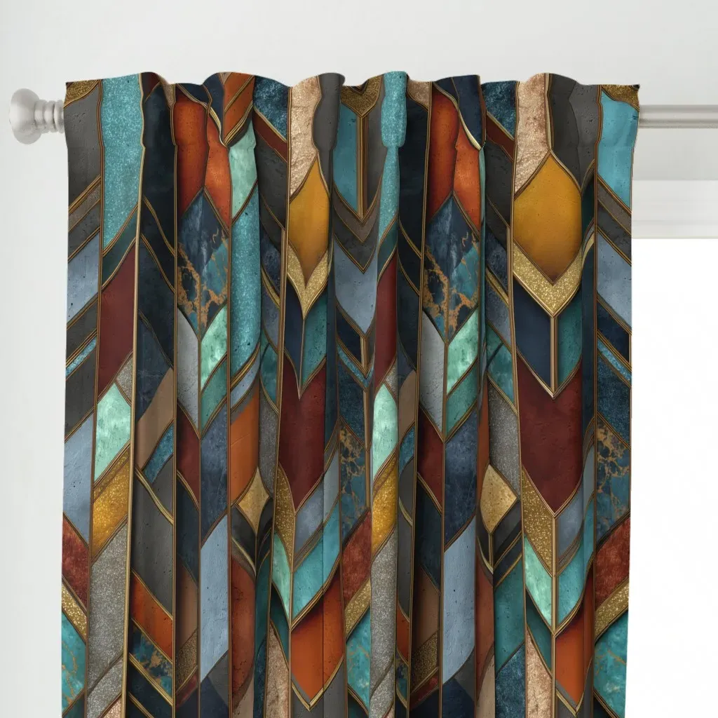 Art Deco Geometric Panels Curtain Panel - Blue alternate view