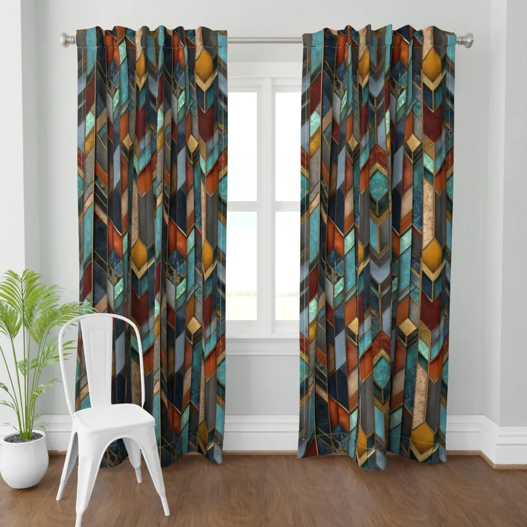 Art Deco Geometric Panels Curtain Panel - Blue product