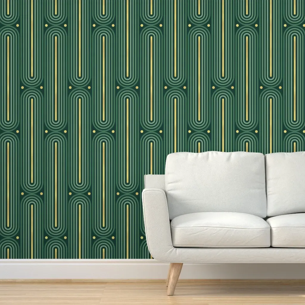 Art Deco Geometric Stripes Peel and Stick Wallpaper - Dark Green product