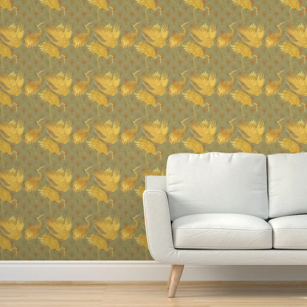 Art Deco Golden Japanese Cranes Peel and Stick Wallpaper - Gold product