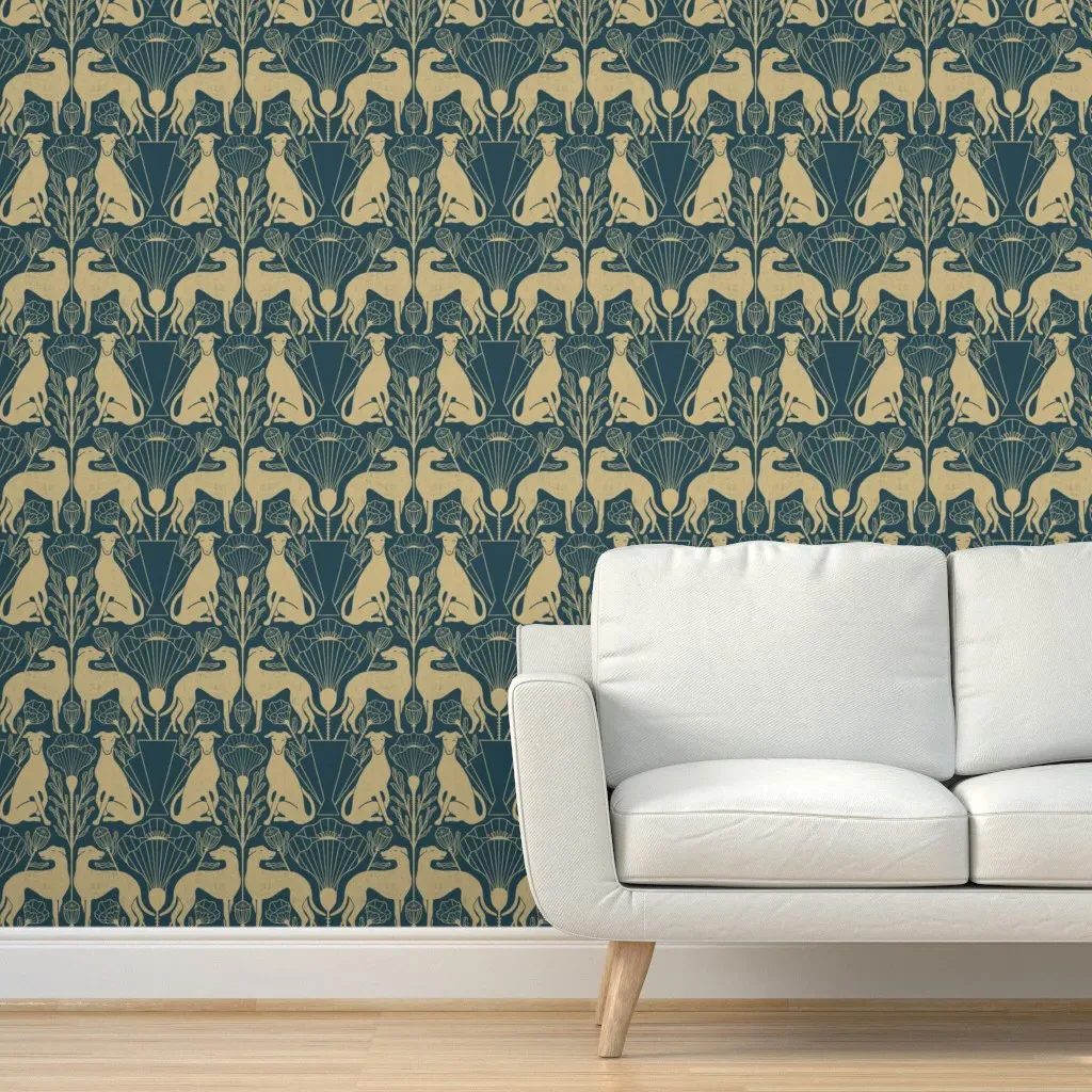 Art Deco Greyhound Geometric Floral Peel and Stick Wallpaper - Teal product