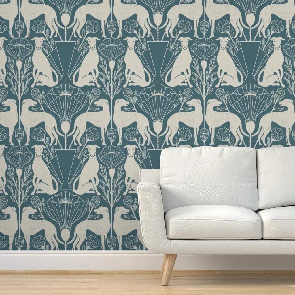 Art Deco Greyhound & Geometric Poppy Peel and Stick Wallpaper - Teal product