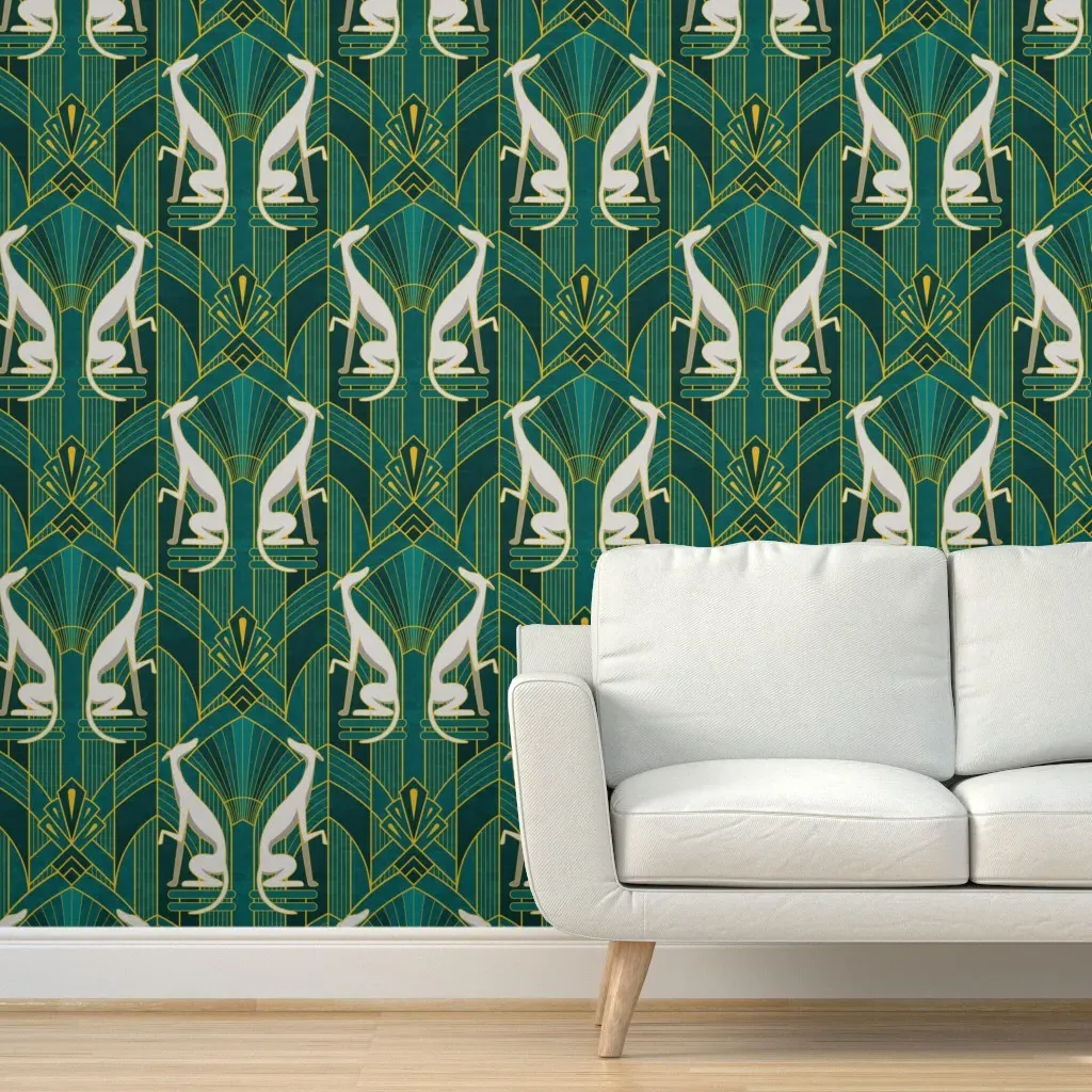 Art Deco Greyhounds Peel and Stick Wallpaper - Teal product