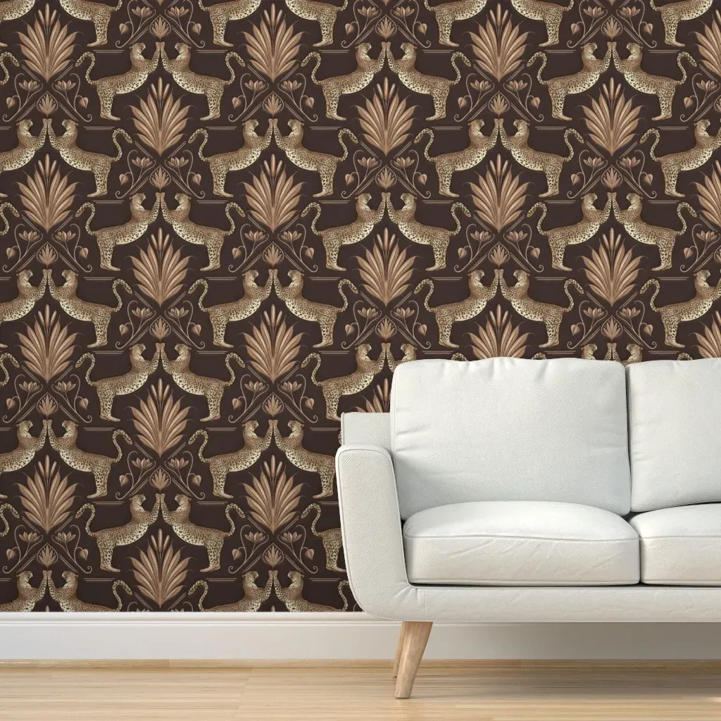 Art Deco Jungle Gold Leopard Peel and Stick Wallpaper - Chocolate Brown product