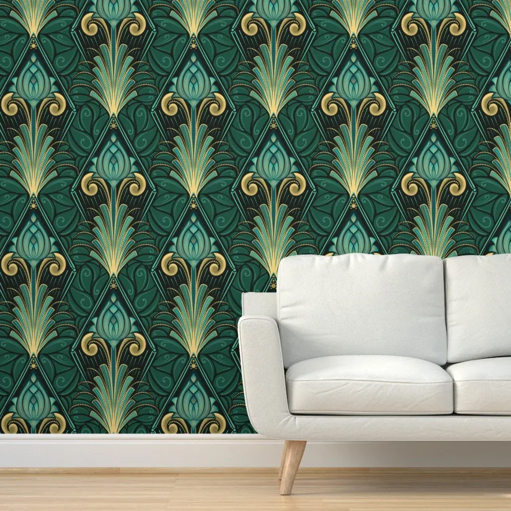 Art Deco Lotus & Fans Peel and Stick Wallpaper - Teal, Gold product