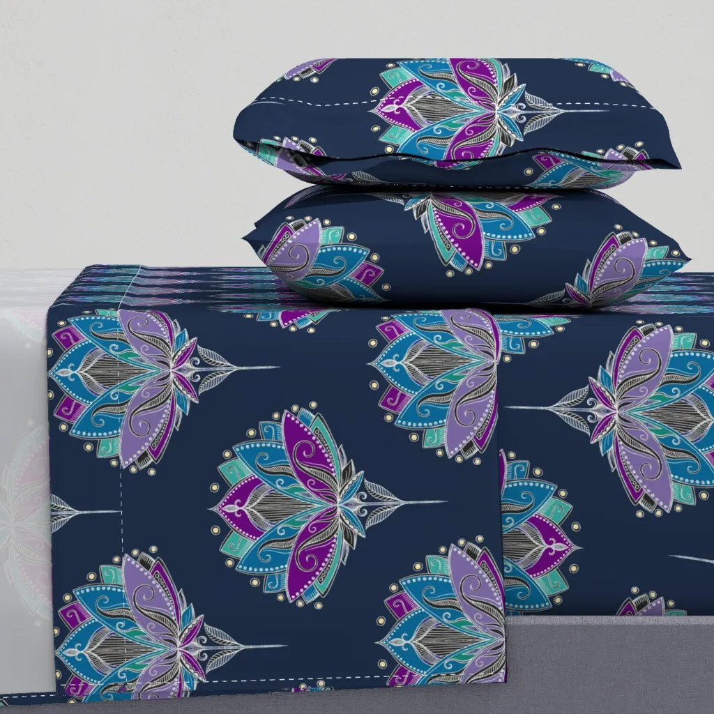 Art Deco Lotus Rising Midnight Purples Twin Sheet Set product