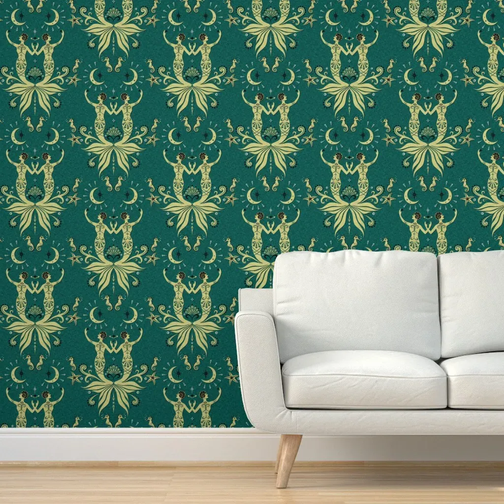 Art Deco Mermaids and Moonlight Peel and Stick Wallpaper - Green, Gold product