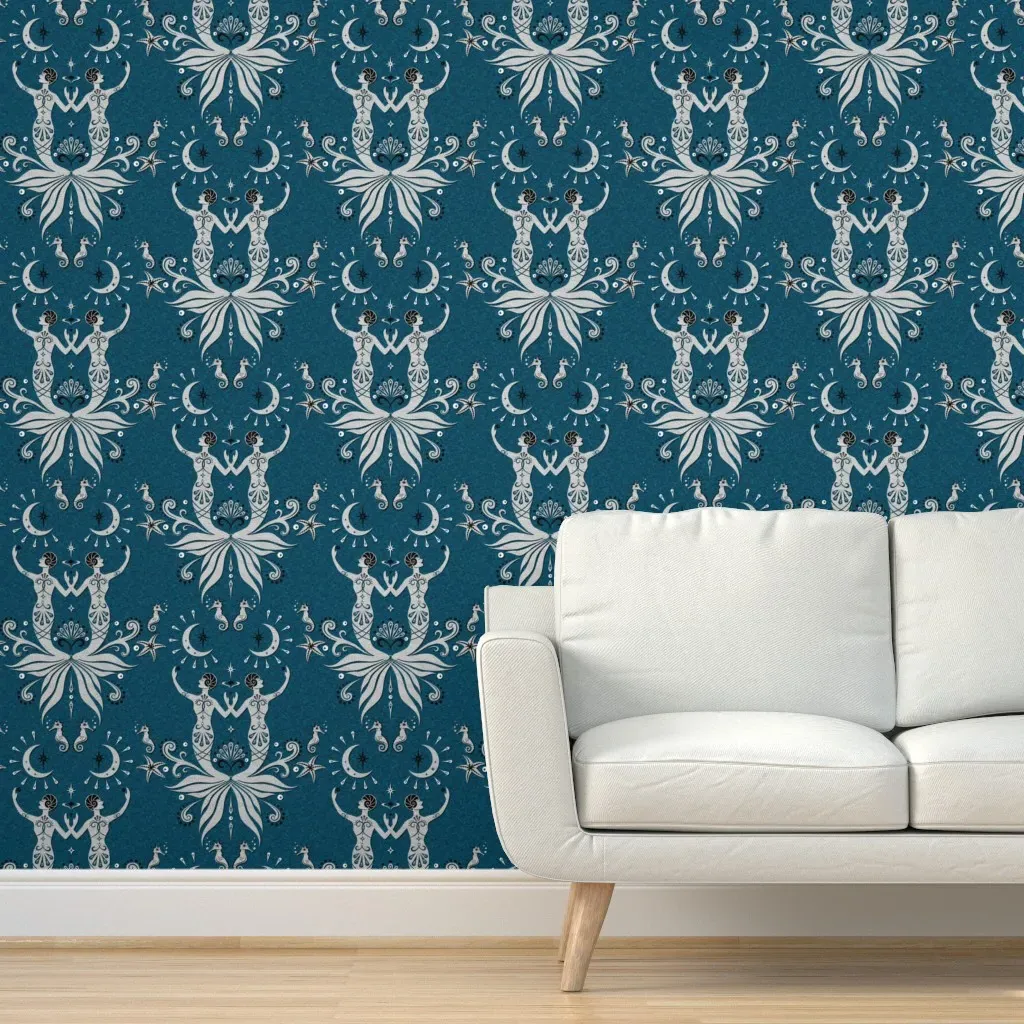 Art Deco Mermaids And Moonlight Peel and Stick Wallpaper - Silver, Dark Peacock Blue product