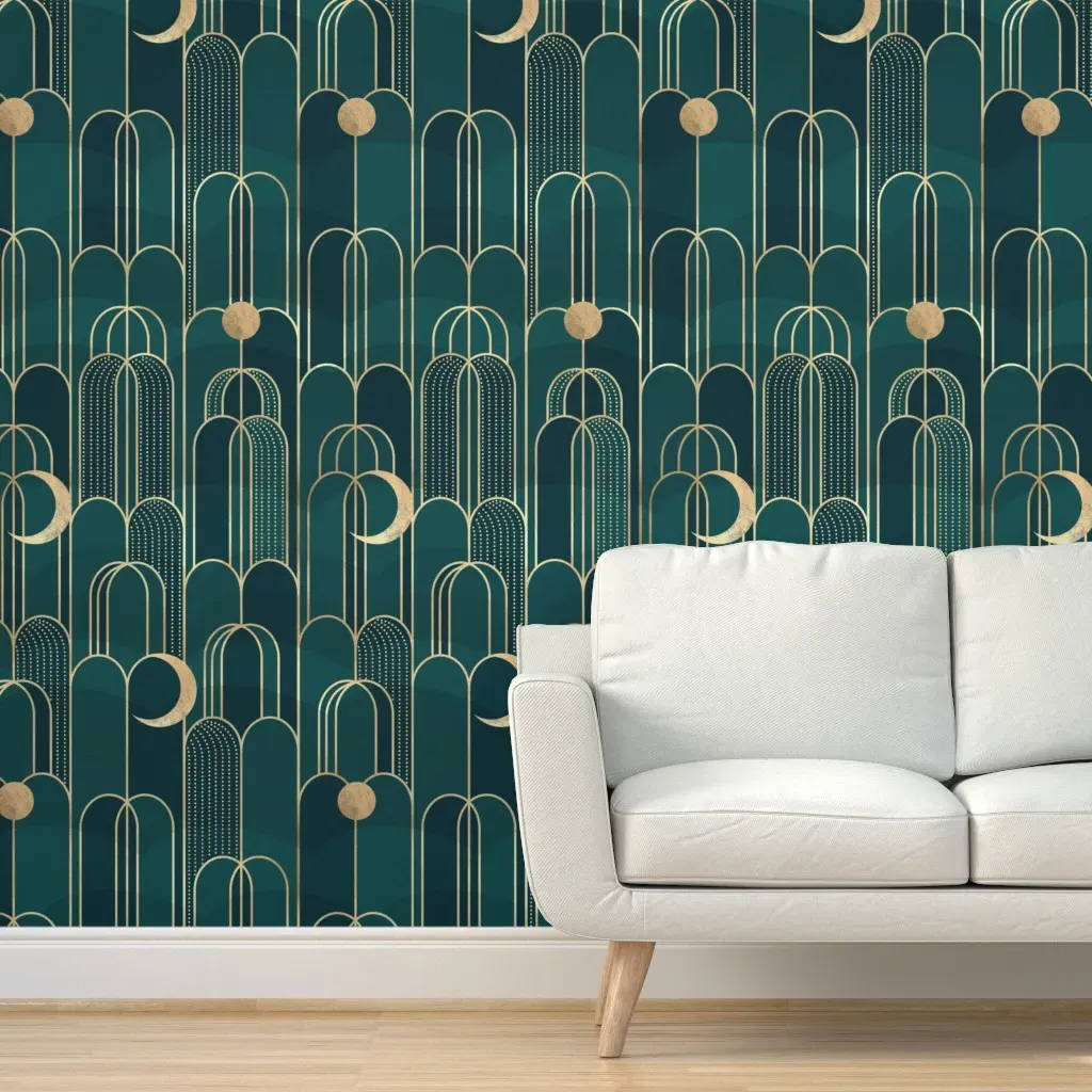 Art Deco Moon and Waterfall Peel and Stick Wallpaper - Green, Gold product