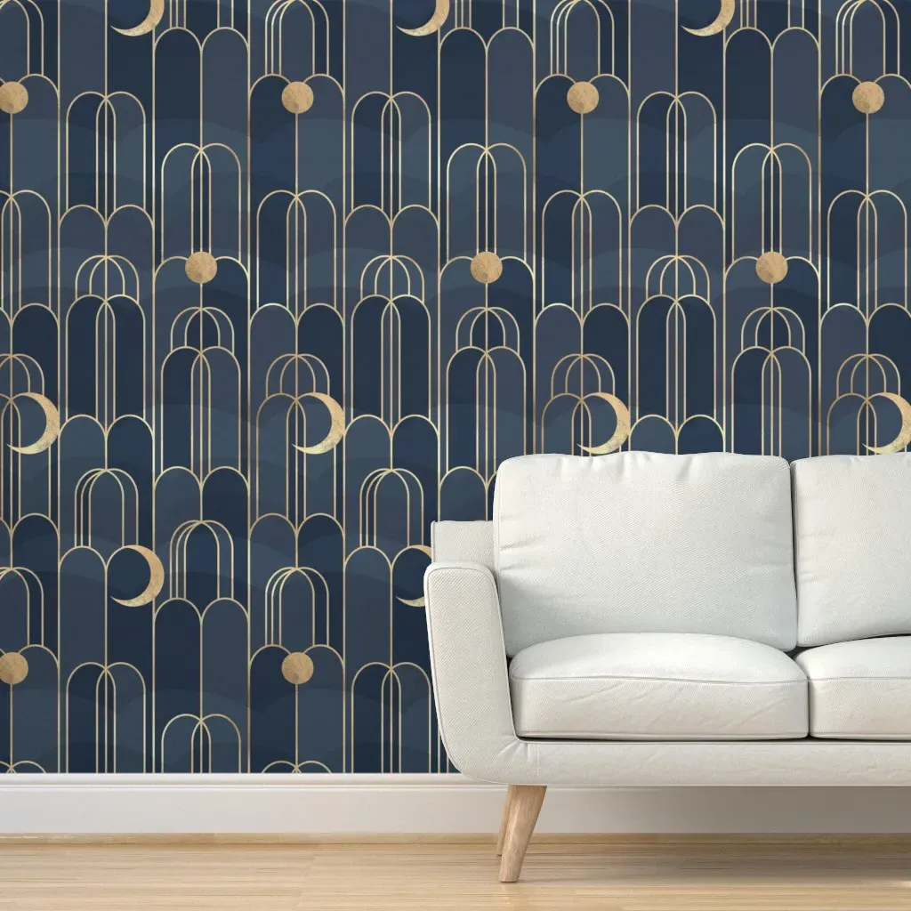 Art Deco Moon and Waterfall Peel and Stick Wallpaper - Navy Blue product