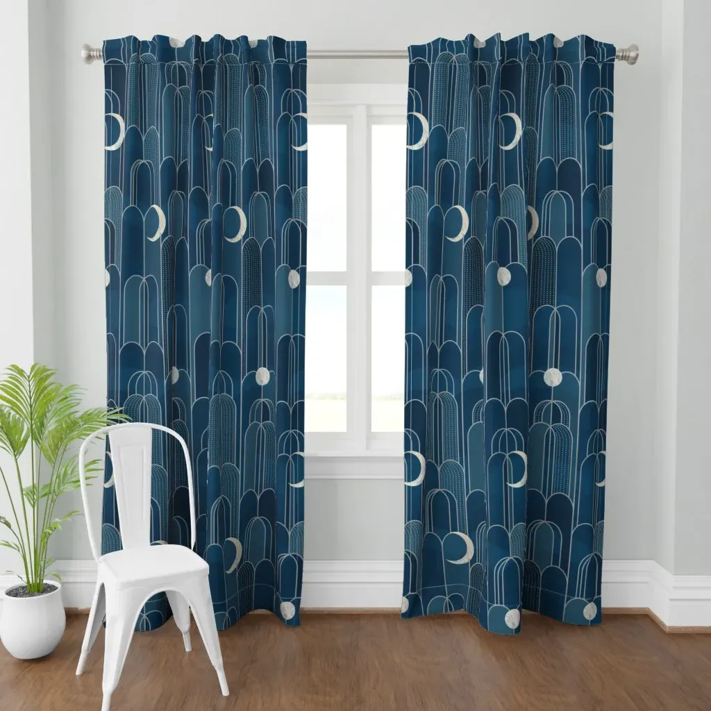 Art Deco Moon Curtain Panel - Dark Blue product