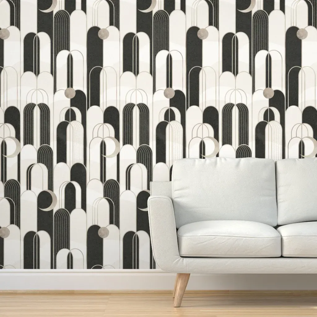 Art Deco Moons And Waterfall Peel and Stick Wallpaper - Black product