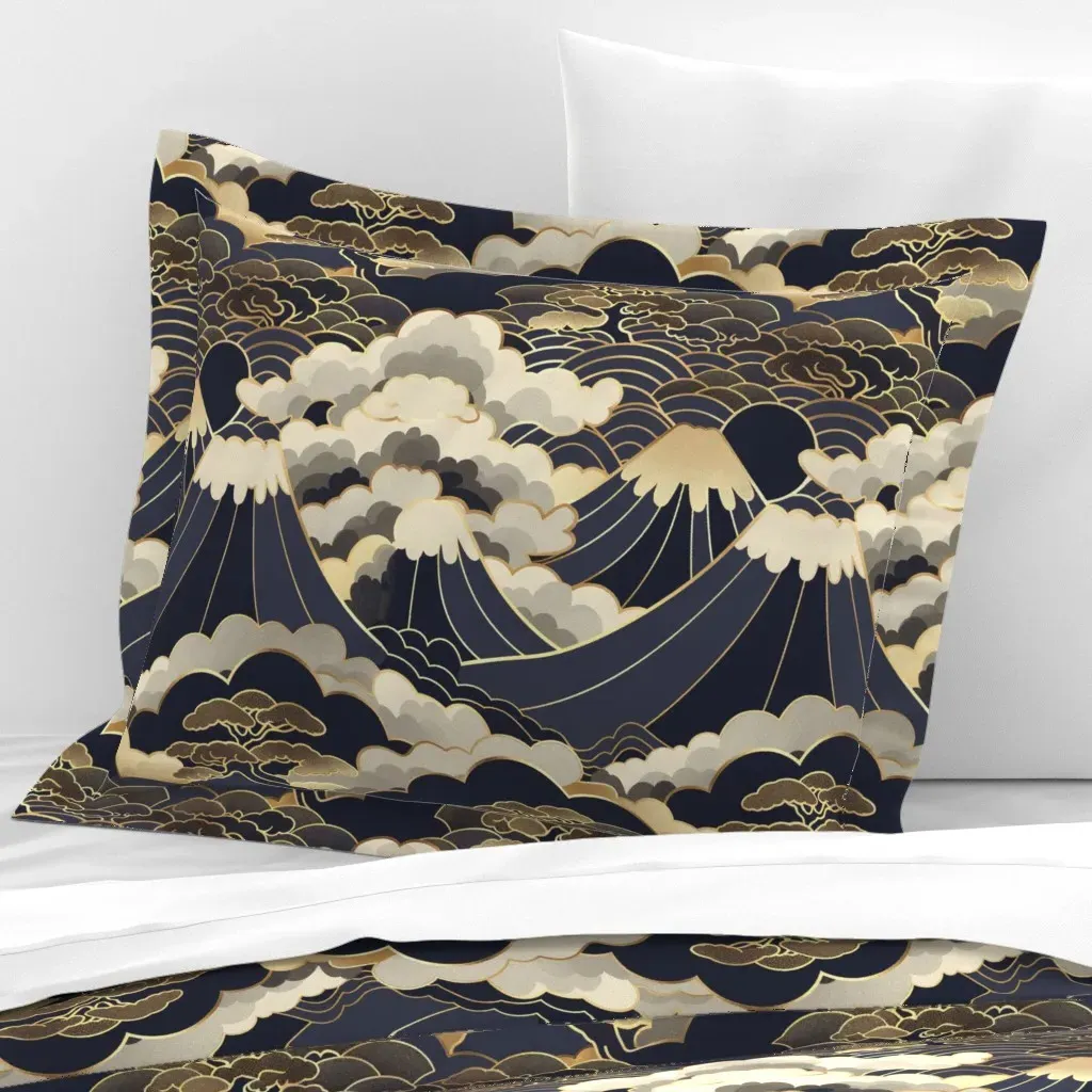 Art Deco Mount Fuji Standard Flanged Cushion Cover - Dark Blue, Cotton Sateen product