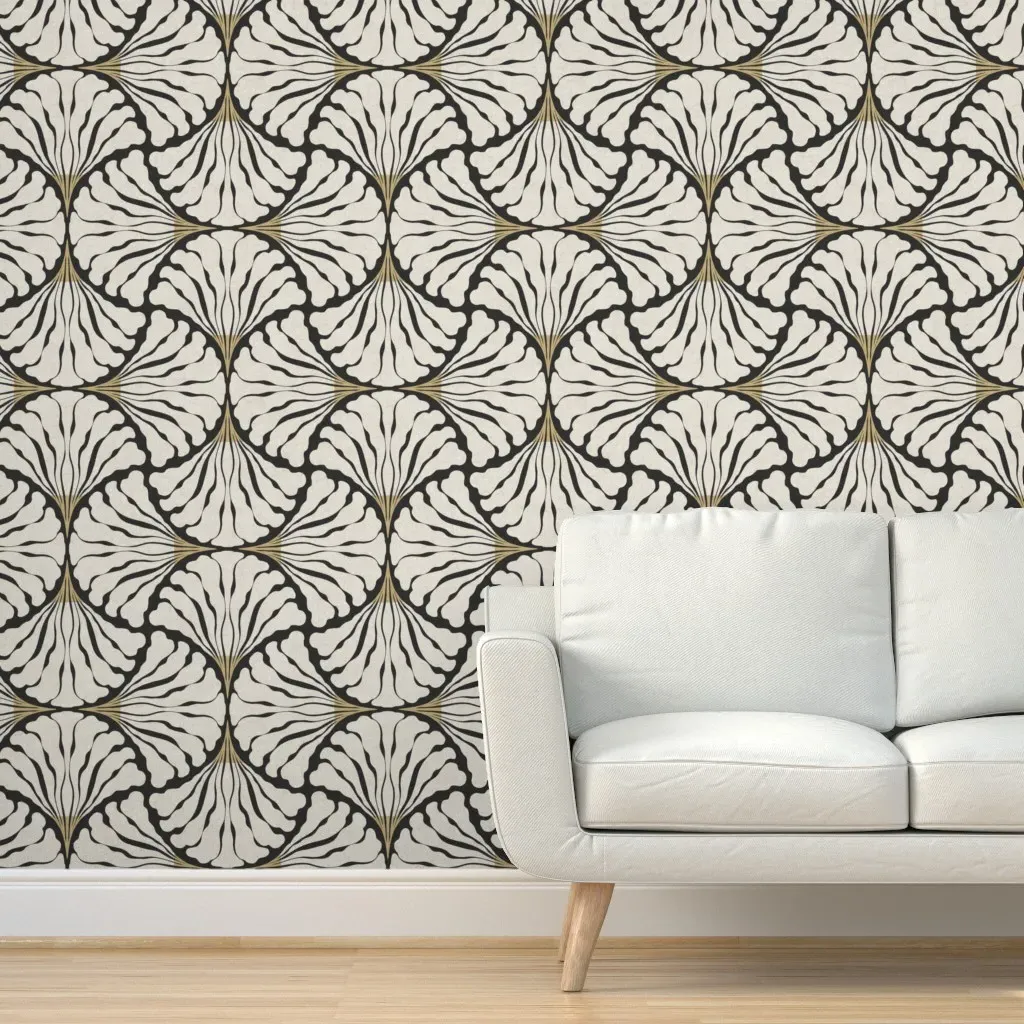 Art Deco Organic Scallop Floral Peel and Stick Wallpaper - Ivory White & Gold product