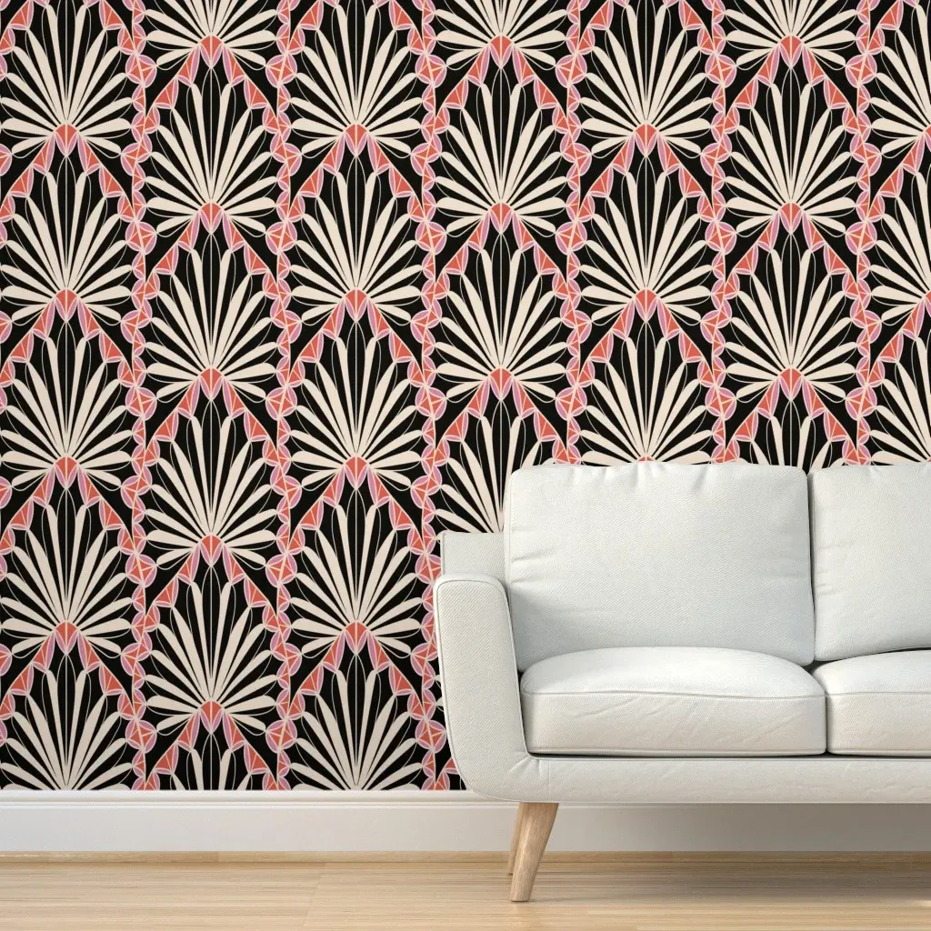 Art Deco Palm Fan Peel and Stick Wallpaper - Orange Pink & Black product