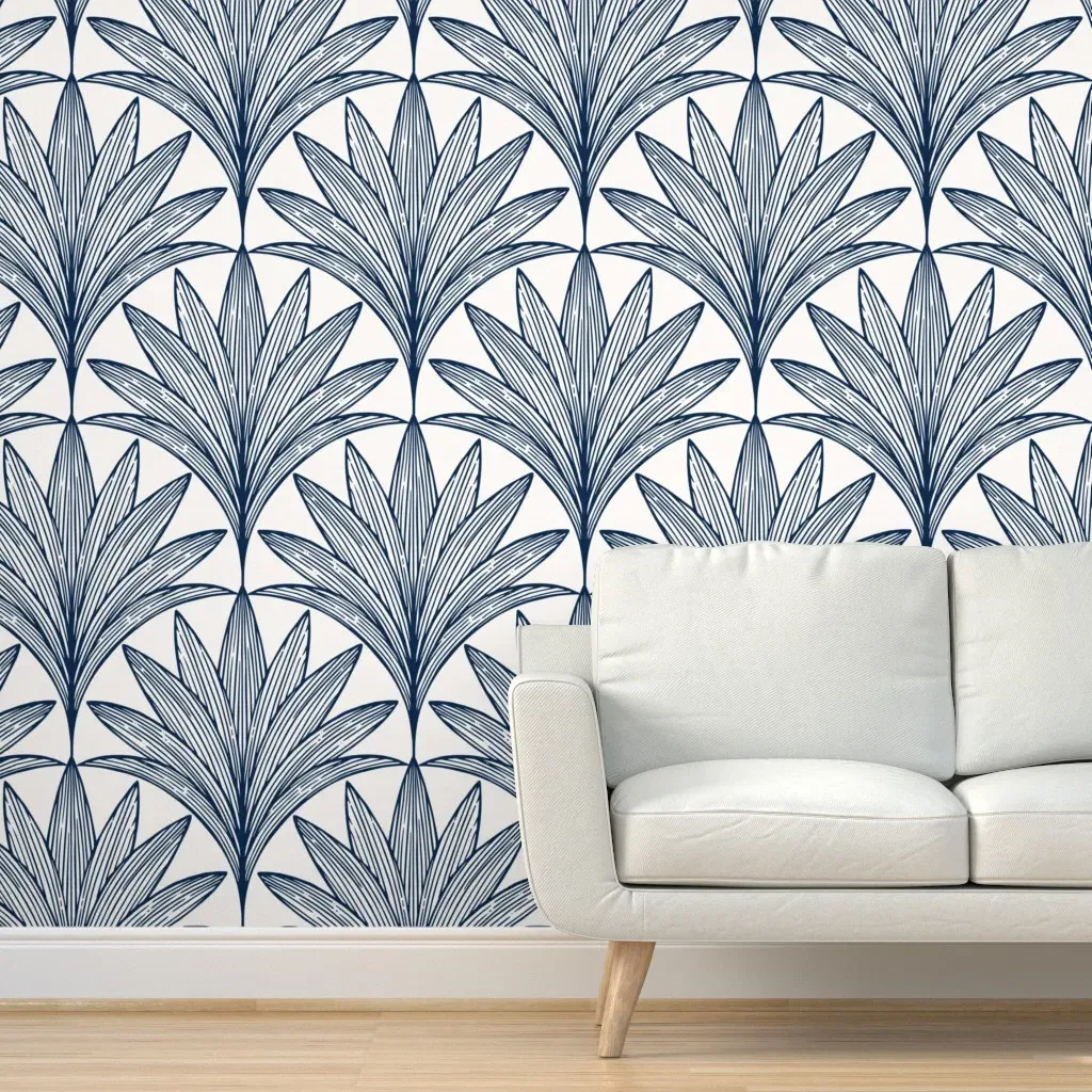 Art Deco Palm Leaf Scallop Fan Peel and Stick Wallpaper - Navy Blue product
