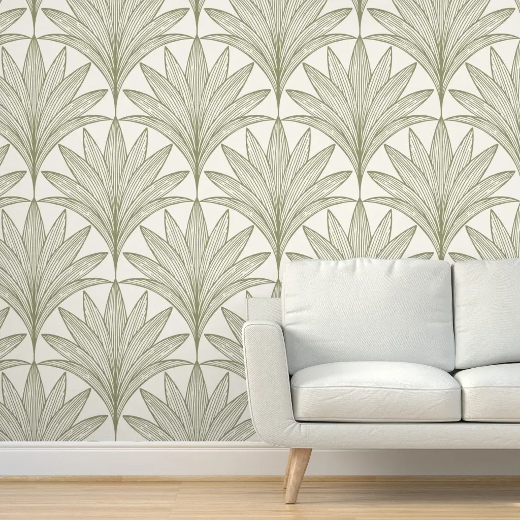 Art Deco Palm Leaf Scallop Fan Peel and Stick Wallpaper - Sage Green product