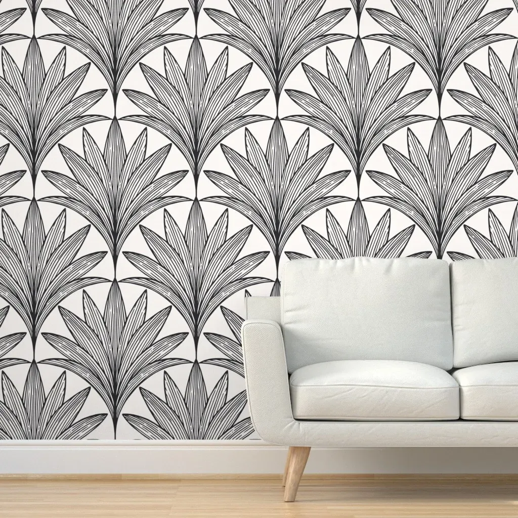 Art Deco Palm Leaf Scallop Peel and Stick Wallpaper - Black & White product