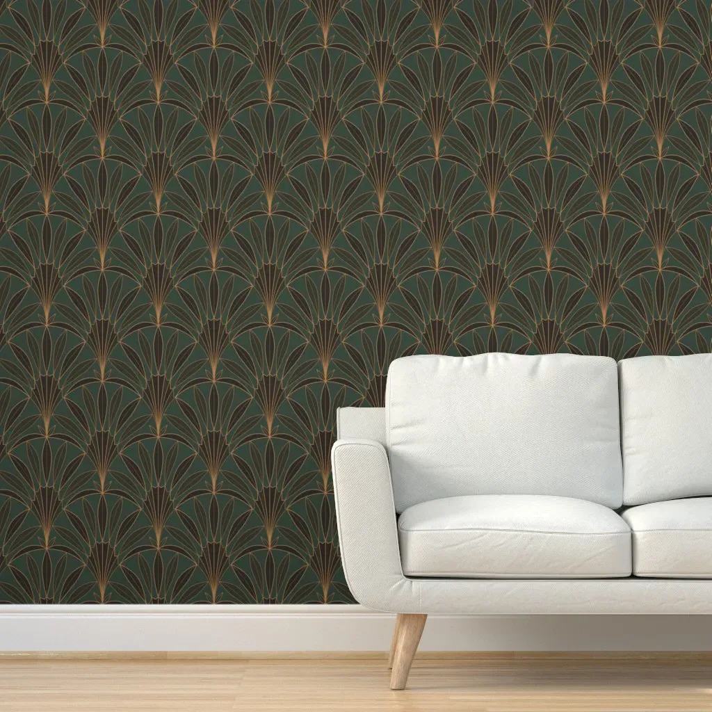 Art Deco Palm Leaves Fan Peel and Stick Wallpaper - Dark Teal product