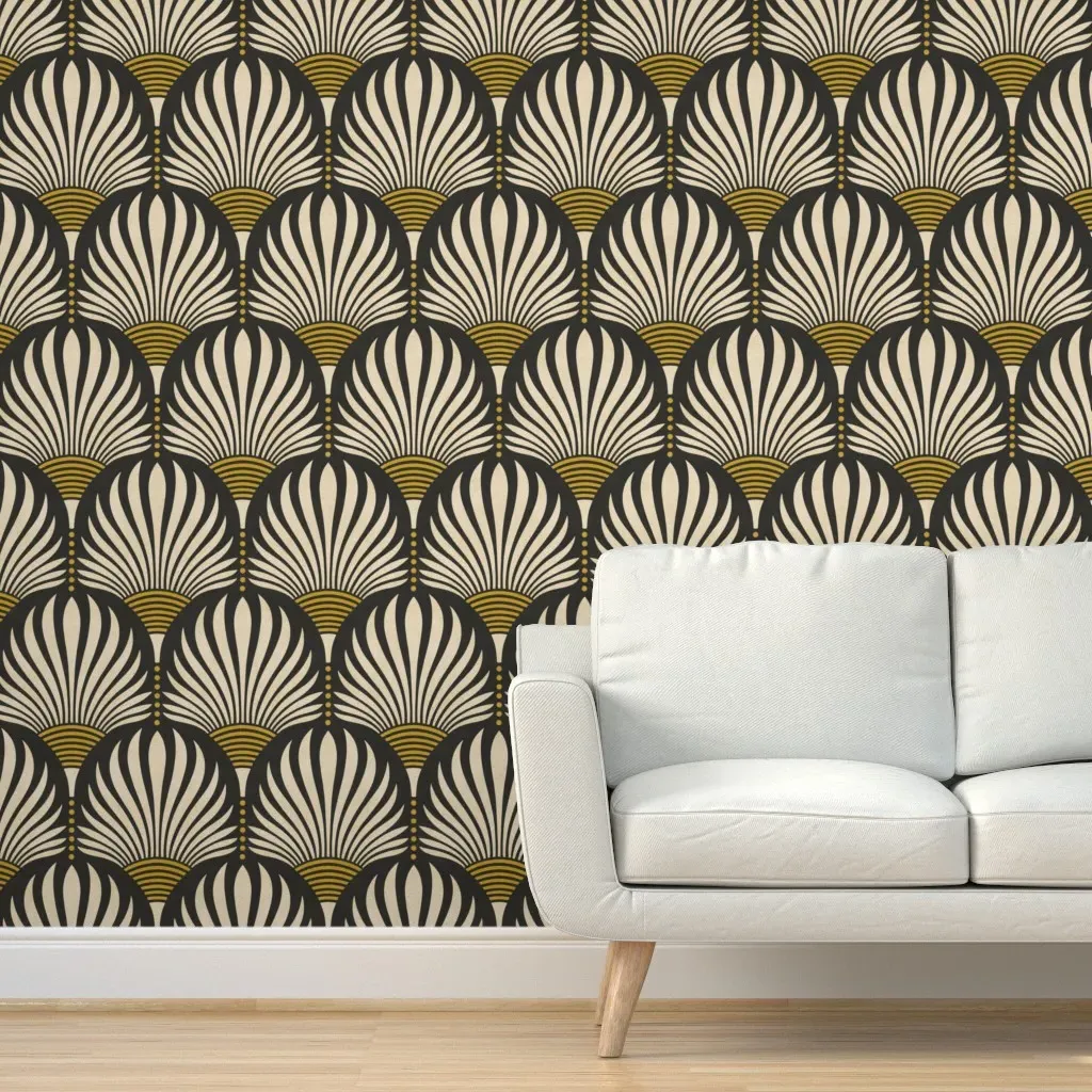 Art Deco Palm Leaves Peel and Stick Wallpaper - Black, White product