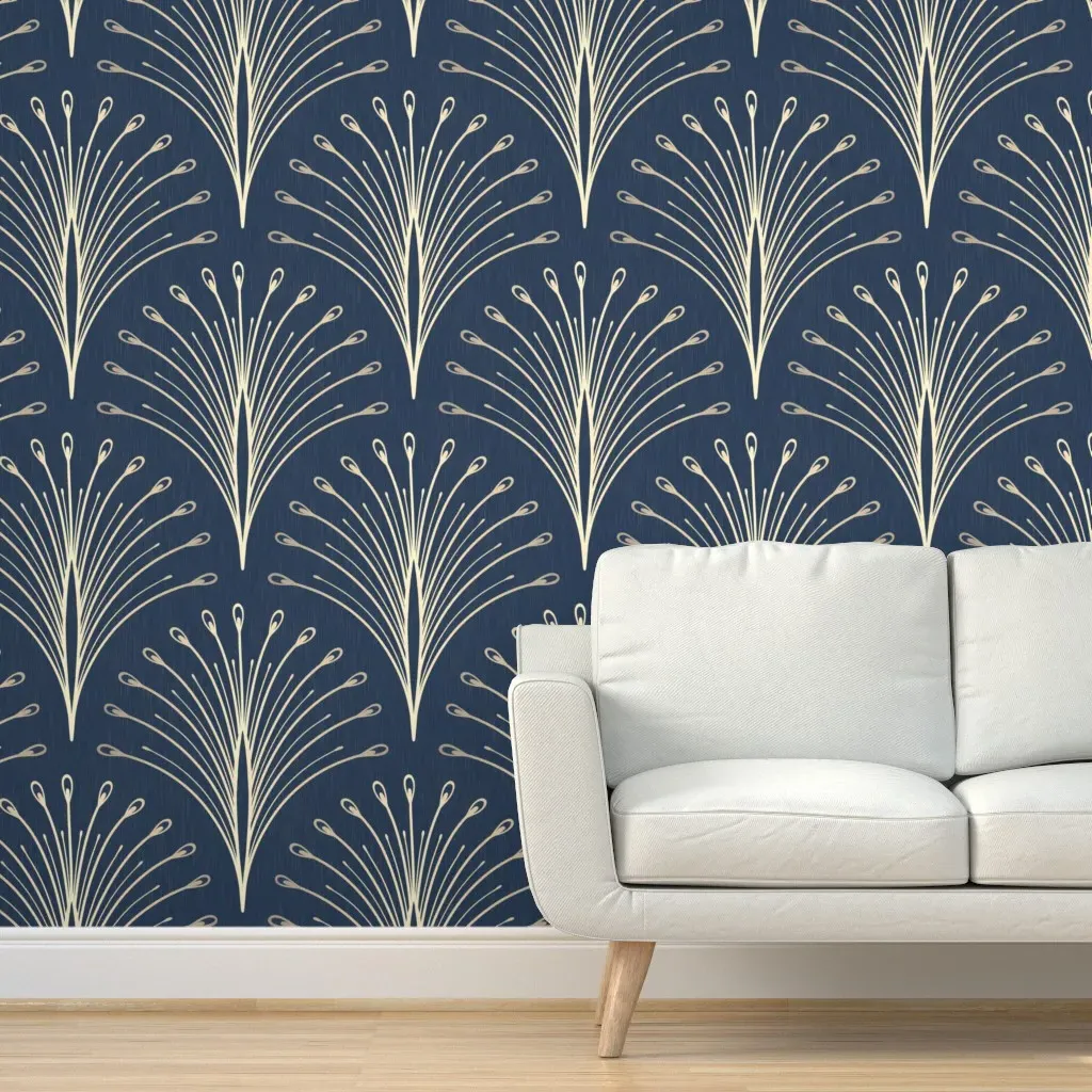 Art Deco Peacock Feather Scallop Peel and Stick Wallpaper - Navy Blue product