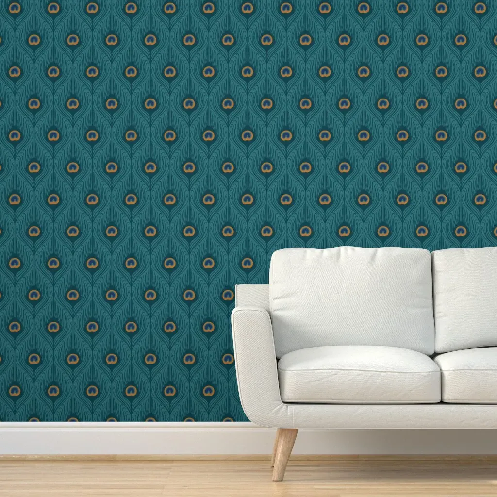 Art Deco Peacock Feathers Peel and Stick Wallpaper - Teal product