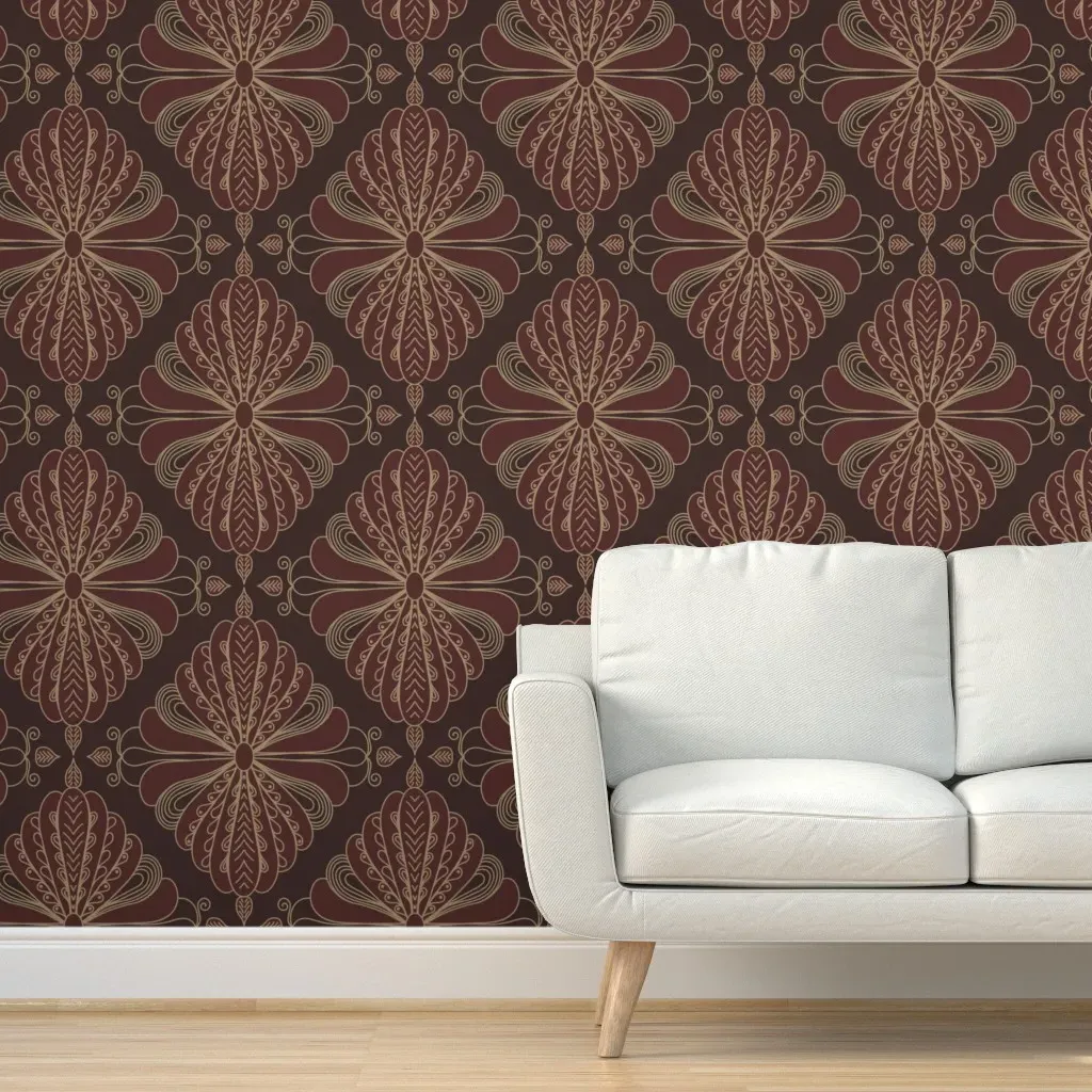 Art Deco Peacock Hollywood Glam Diamond Peel and Stick Wallpaper - Burgundy, Gold product