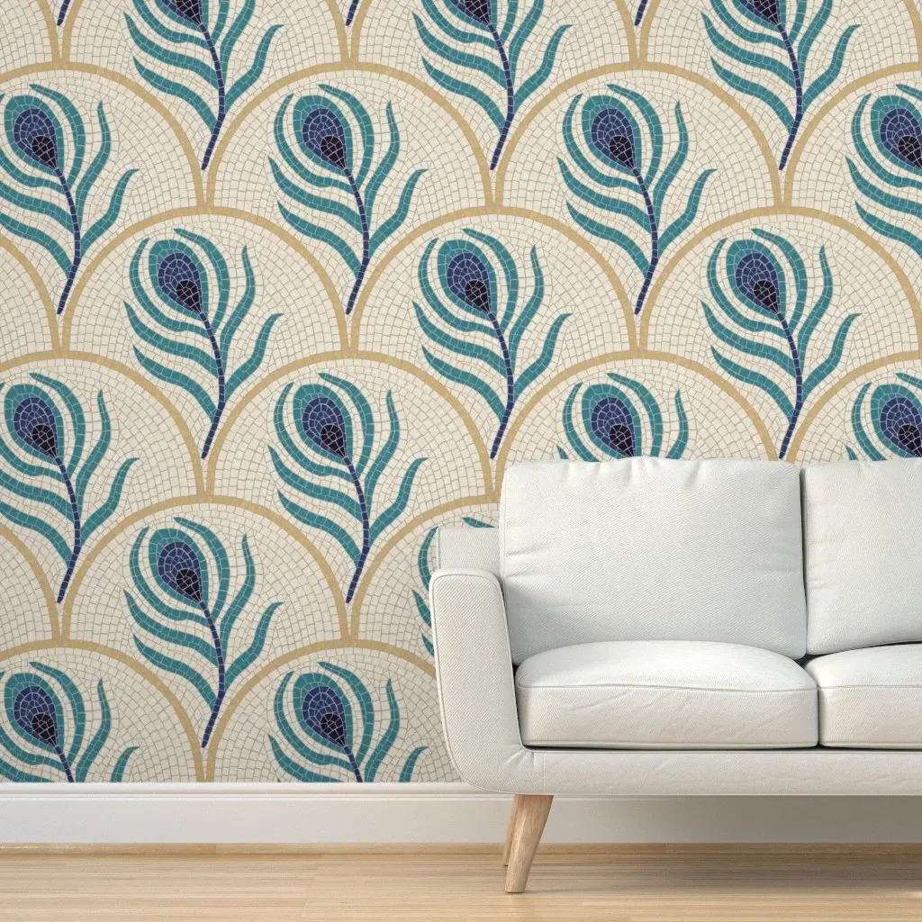 Art Deco Peacock Mosaic Peel and Stick Wallpaper - Teal product